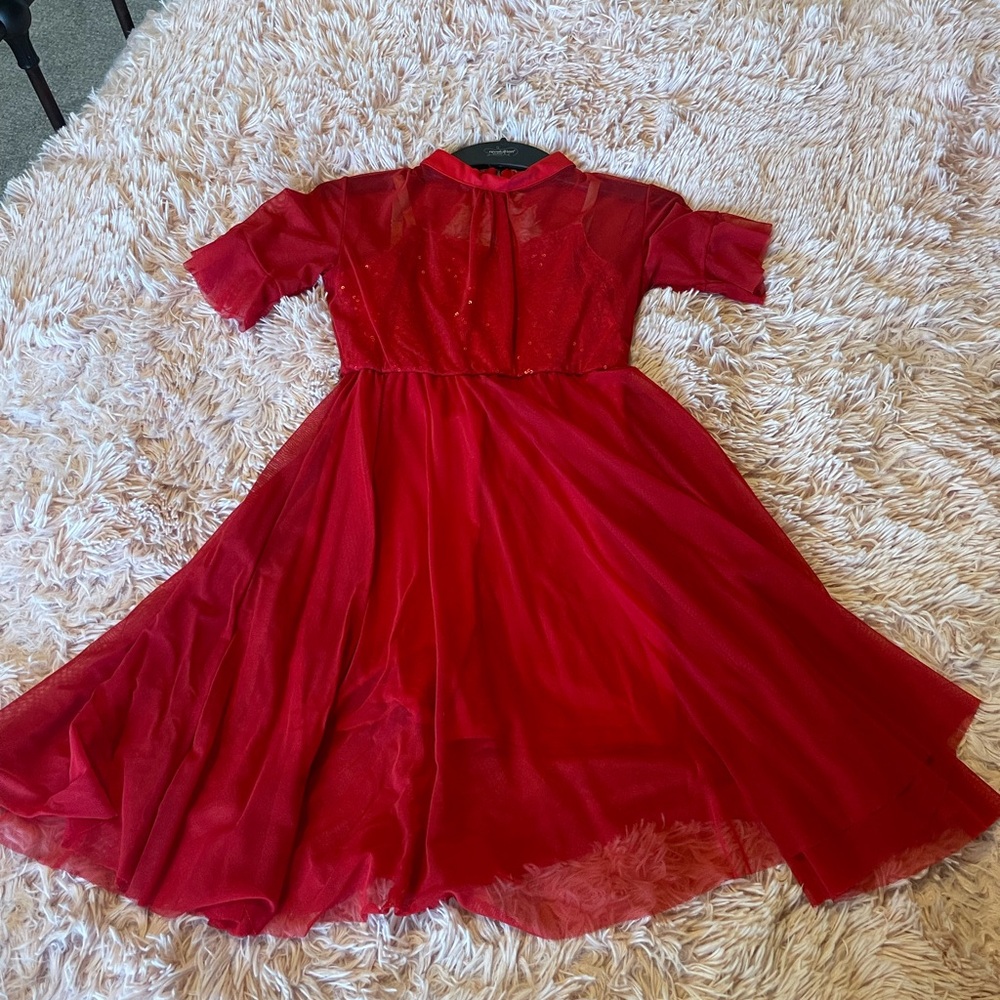 Red Sheer dance costume Overlay Dress with red sparkles underlay
